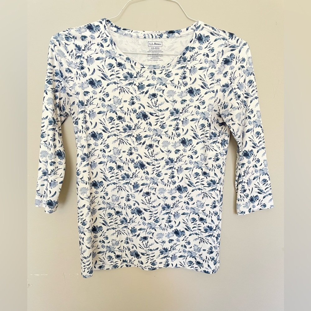 L.L. Bean White Tee with Blue Floral Print - Three-Quarter Sleeve